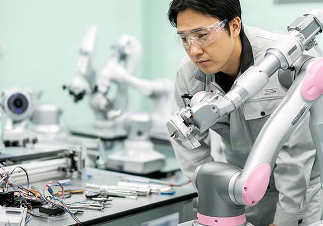 大阪府羽曳野市のロボット開発拠点で技術者が産業用ロボットを確認する様子