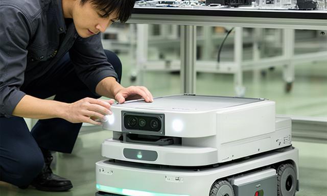 自社ブランド用に設計された小型搬送ロボットを検査する開発担当者
