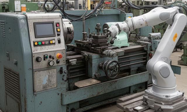 工場内の30年前の旋盤に協働ロボットとセンサーを組み込んだレトロフィット設備