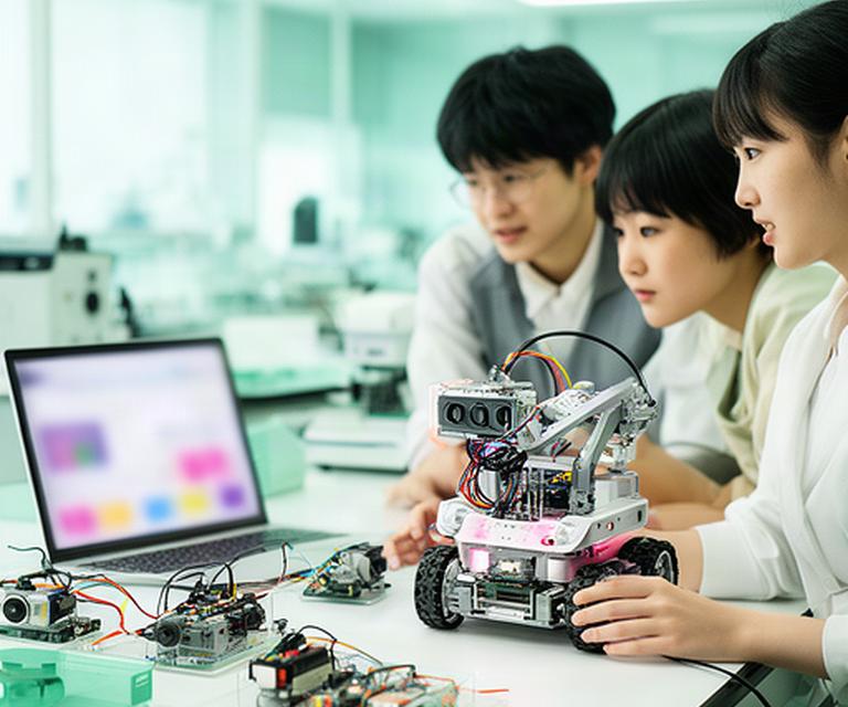 大学の実験室で学生が教育用ロボットを操作し、ノートパソコンでAIプログラムを確認している様子