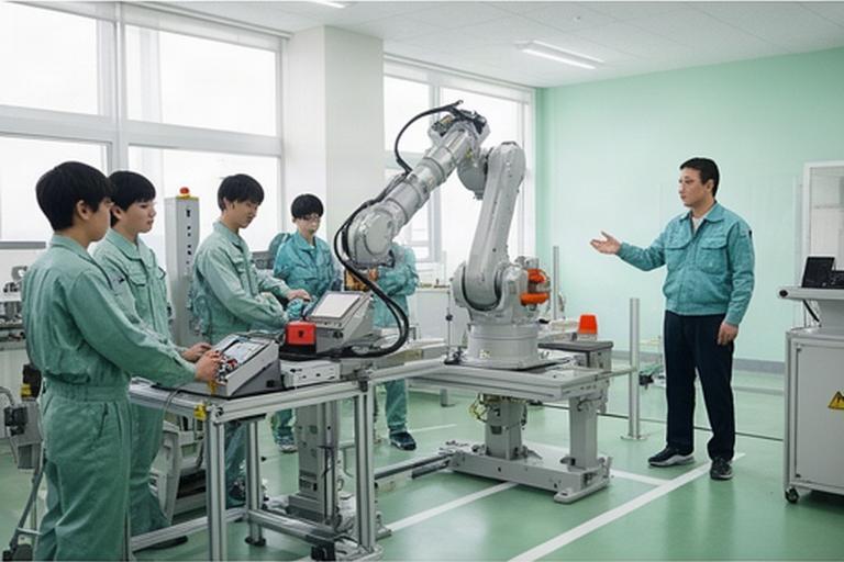 高専の実習室で学生が6軸産業用ロボットを操作し、教員が安全手順を確認している風景