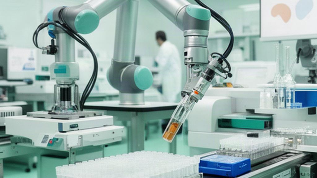研究室の自動化設備でロボットアームが試料を搬送し、測定器と連携している様子