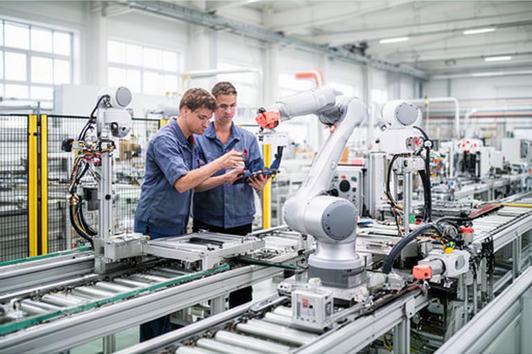 工場の組立ラインで技術者がロボットと追加センサーの配置を確認する様子