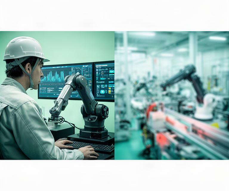 遠隔監視センターでロボットの稼働画面を確認する技術者と製造現場のモニター