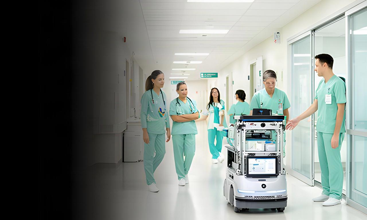 病院の明るい廊下を自律走行し、物品を搬送する配送ロボットと医療スタッフ