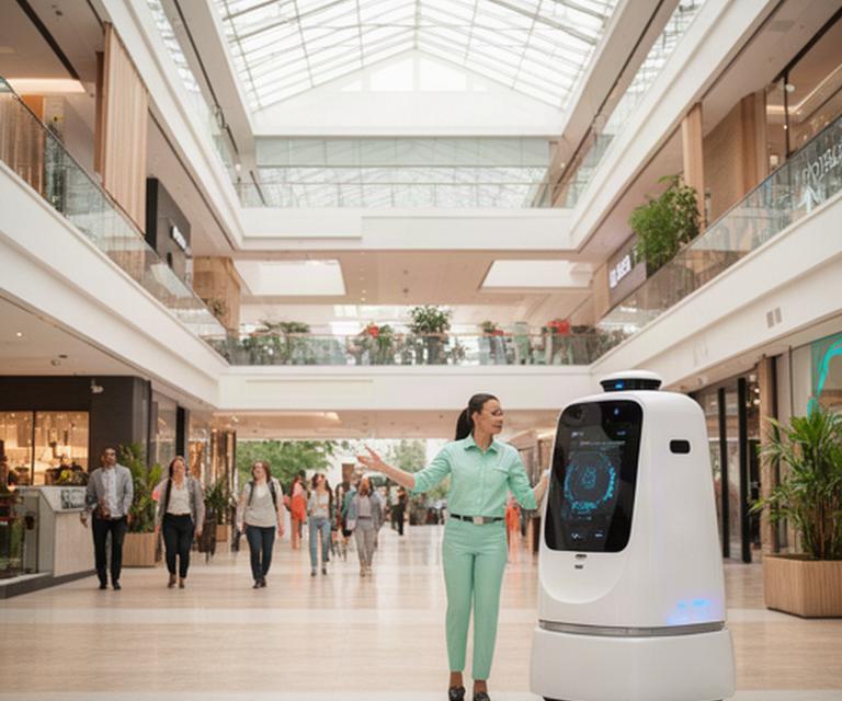 商業施設の吹き抜けで来館者を案内する白いサービスロボットとスタッフ