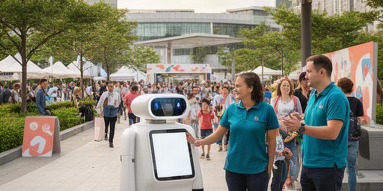自治体主催の屋外イベントで来場者を案内するサービスロボットと運営スタッフ